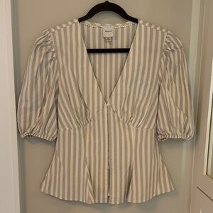 Maeve Cream & Taupe Striped V-Neck Puff Sleeve Blouse